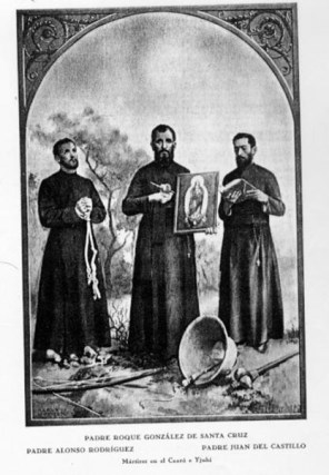 파라과이의 성 로코 곤살레스와 성 요한 데 카스티요와 성 알폰소 로드리게스_print with the St Jesuit Martyrs of Paraguay in 1628_published in 1919.jpg